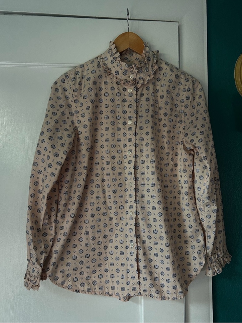 J. Crew Cream Blouse with Blue Medallion Print